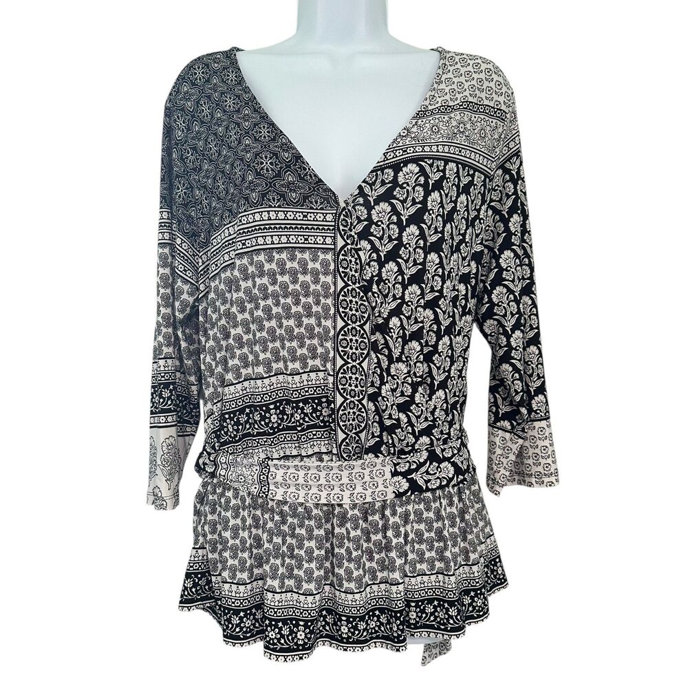 INC International Concepts Black White Floral Block Faux Wrap Top Size 0X